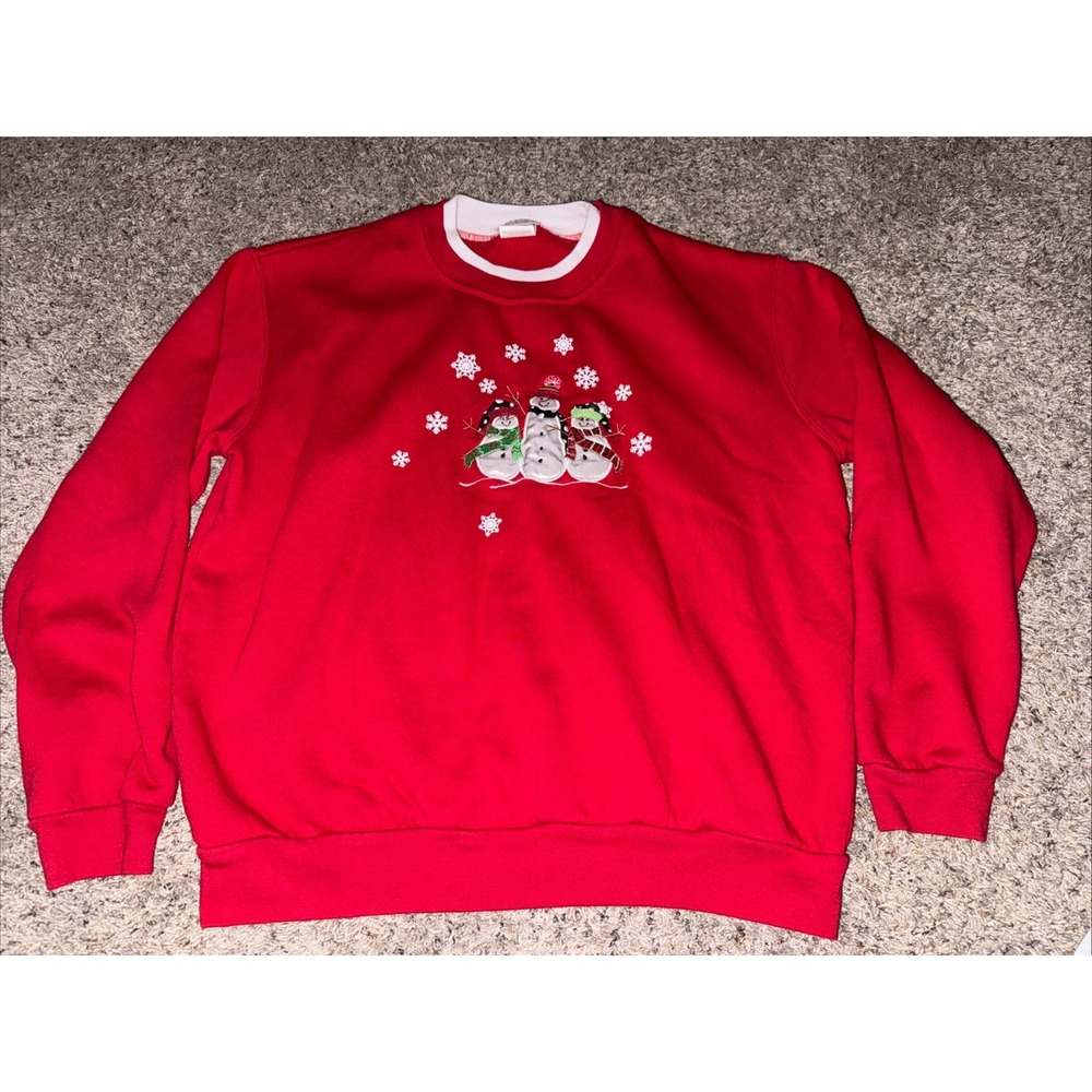 Vintage Top Stitch Sweatshirt Women L Red‎ Winter Snowman 90s Holiday Christmas